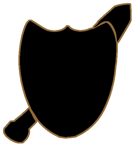 A black shield with a sword behind it, and a brown outline.